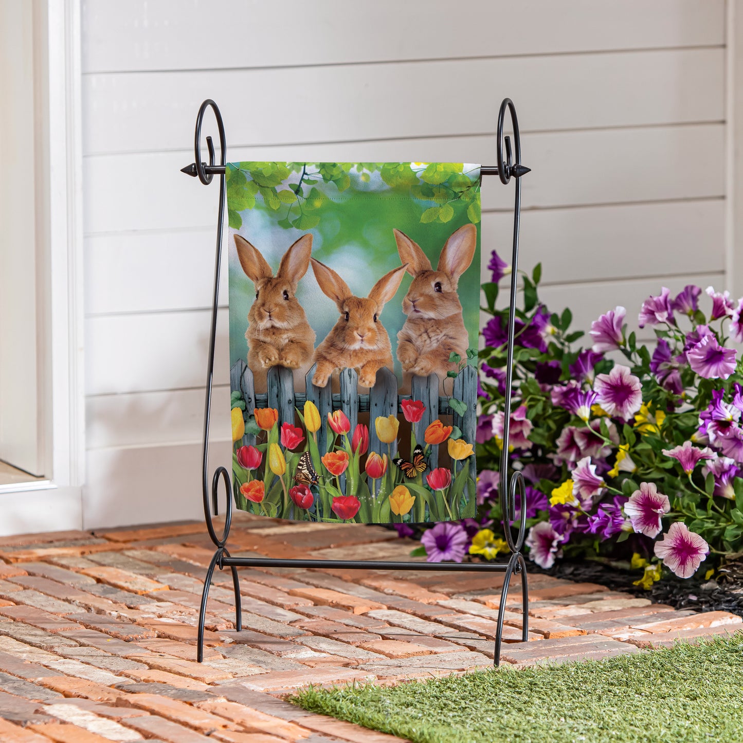 Whimsy Bunny Trio Suede Garden Flag