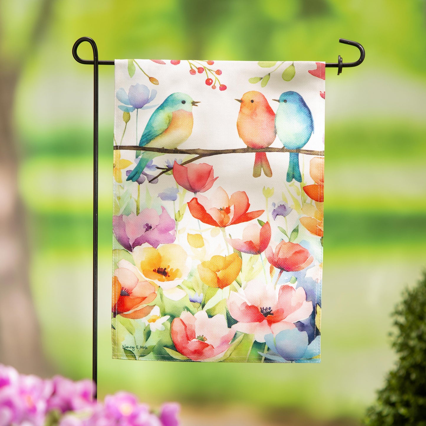 Bird Talk Burlap Garden Flag