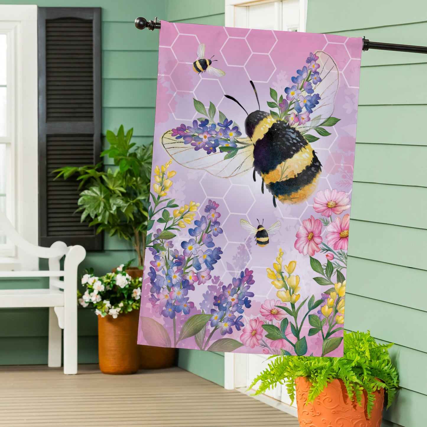 Cottage Garden Pink Florals Bee Burlap House Flag