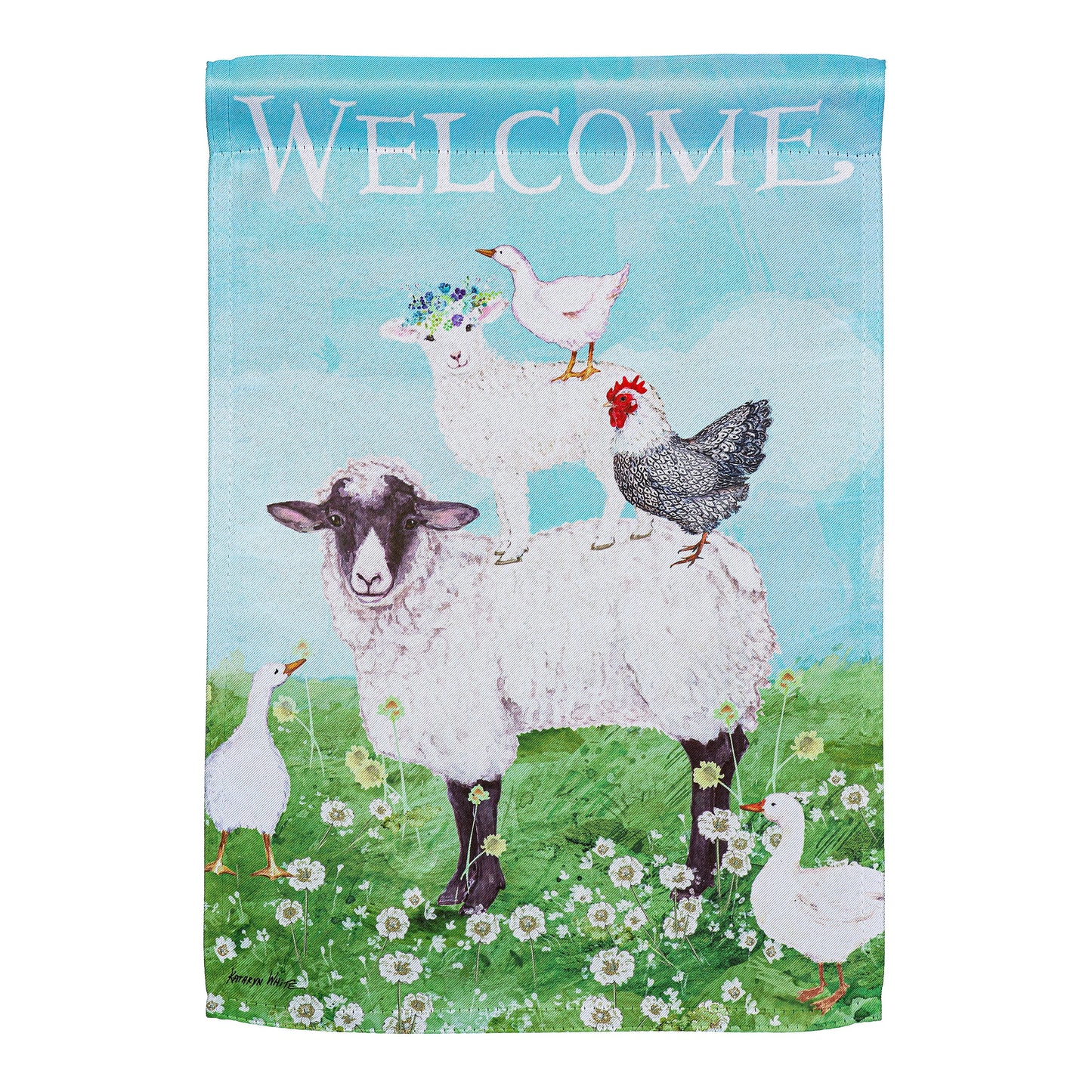 Hillside Pasture Welcome Farm Friends Suede Garden Flag