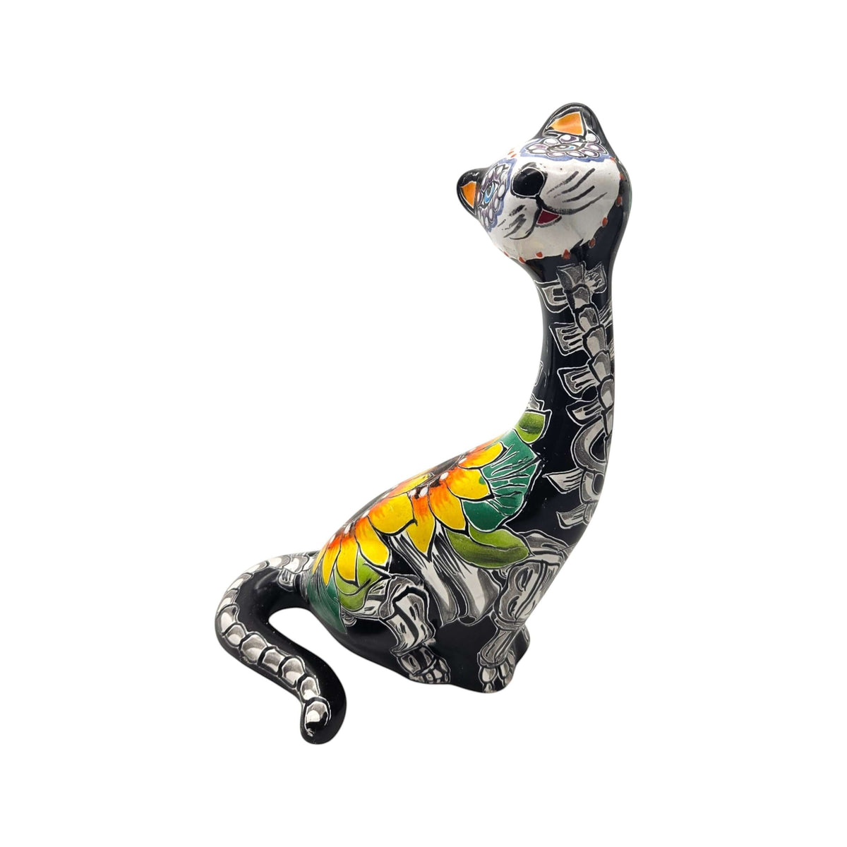 Talavera Tall Cat Figurine | Hand-Painted Day of the Dead Art