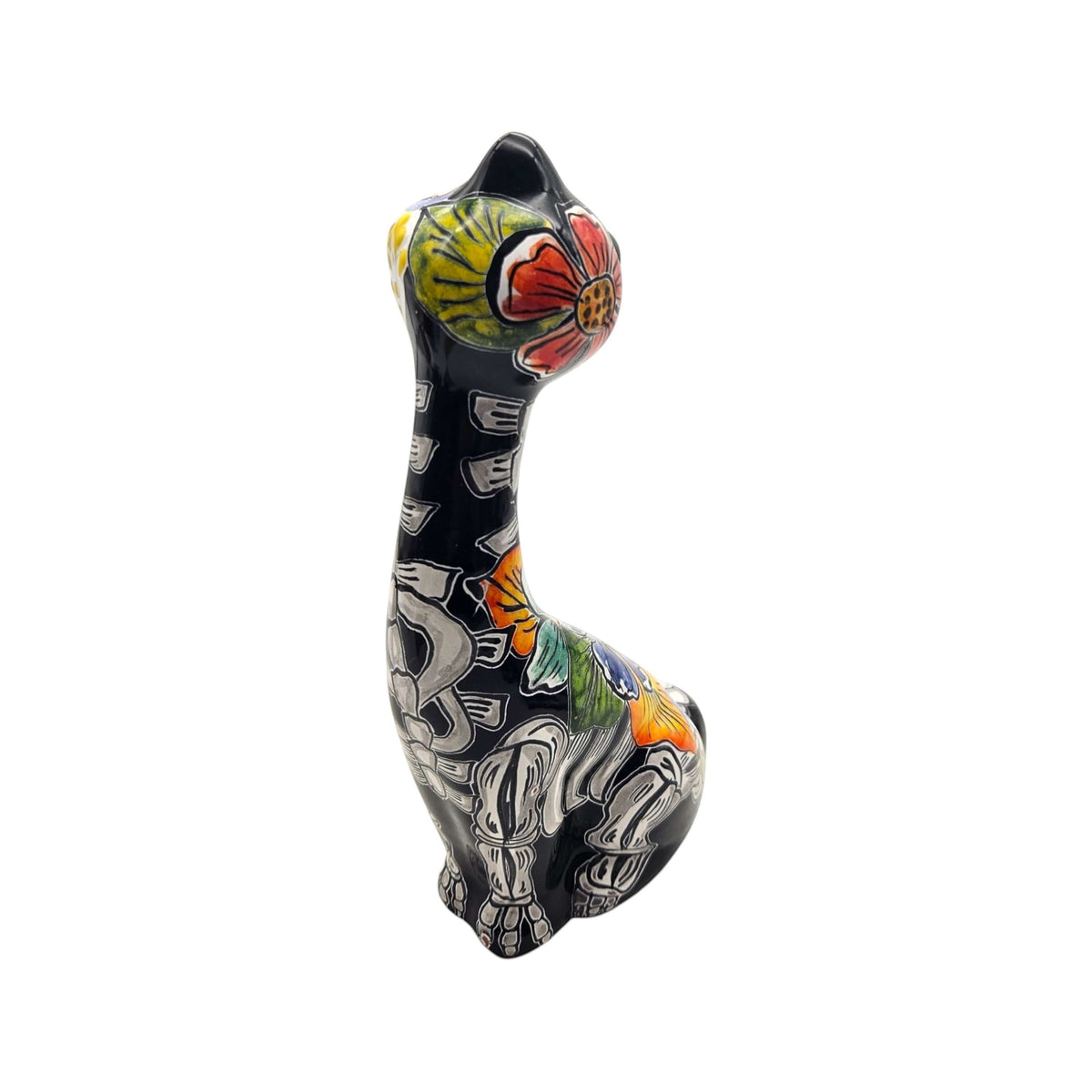Talavera Tall Cat Figurine | Hand-Painted Day of the Dead Art