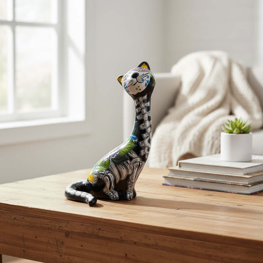 Talavera Tall Cat Figurine | Hand-Painted Day of the Dead Art